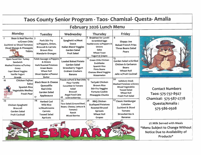 FEB 2026 TCSC Lunch Menu