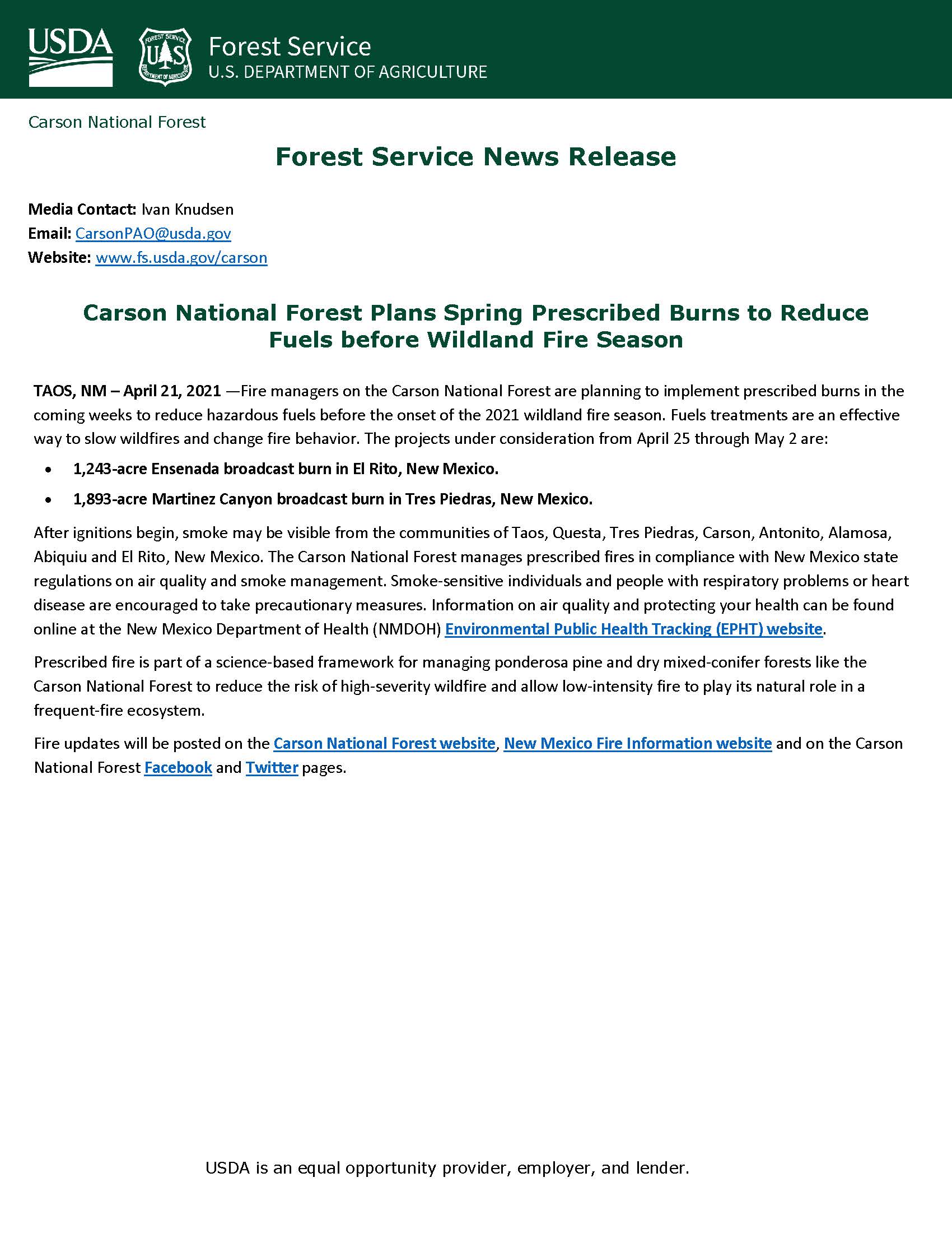 New Release - Spring Prescribed Burns